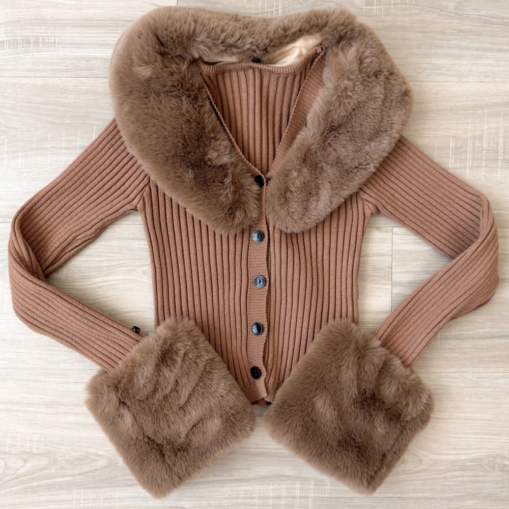 Brown Faux Fur Trim Cardigan Cropped Button Up Fur Collar Cuffs Knit Women's S - Picture 7 of 8